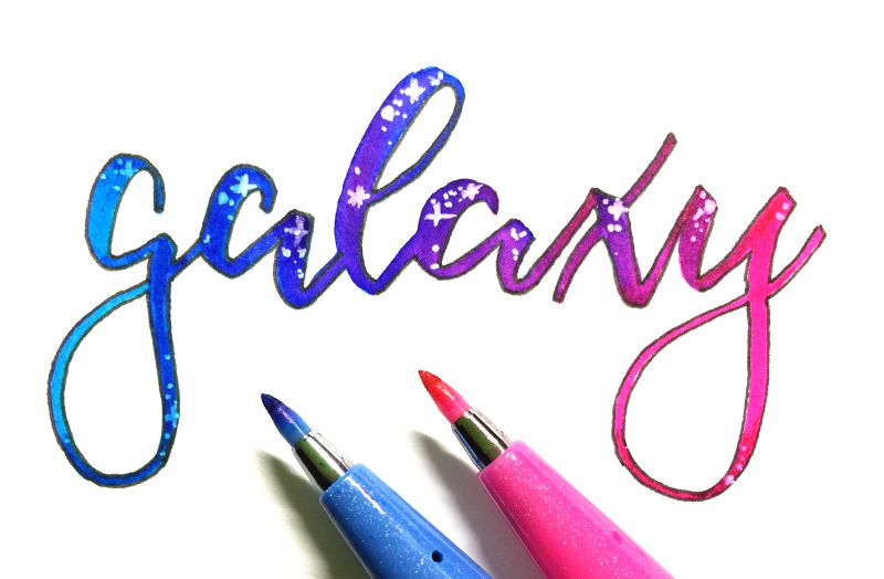 galaxy / Galaxie Lettering - Farbverlauf mit Pentel Sign Pens und Sterne mit GellyRoll