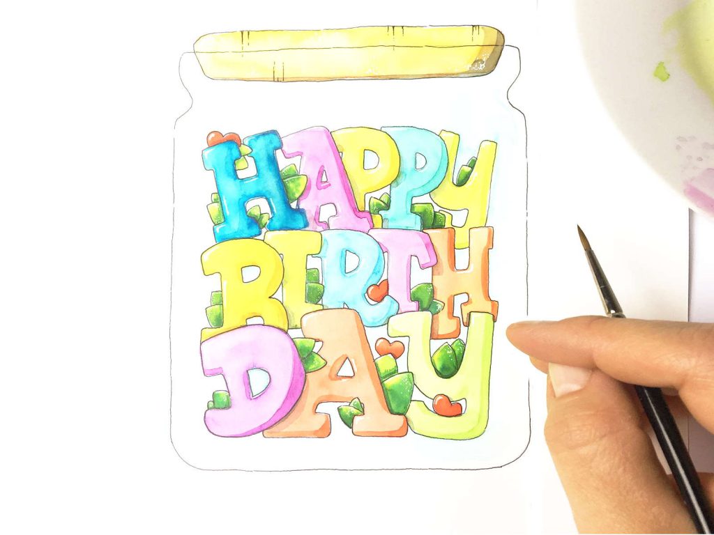 Happy Birthday im Einmachglas - Ausmalbild / Geburtstagskarte | Bunte Galerie
