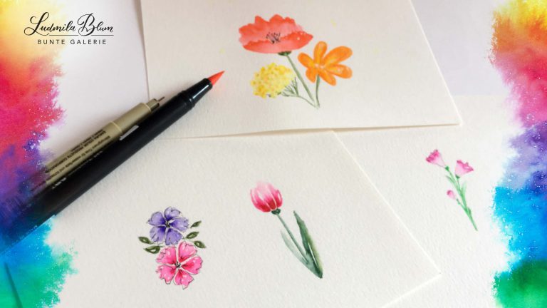 Aquarellblumen mit Fineliner-Rand, gemalt mit Brushpens und Wasser.